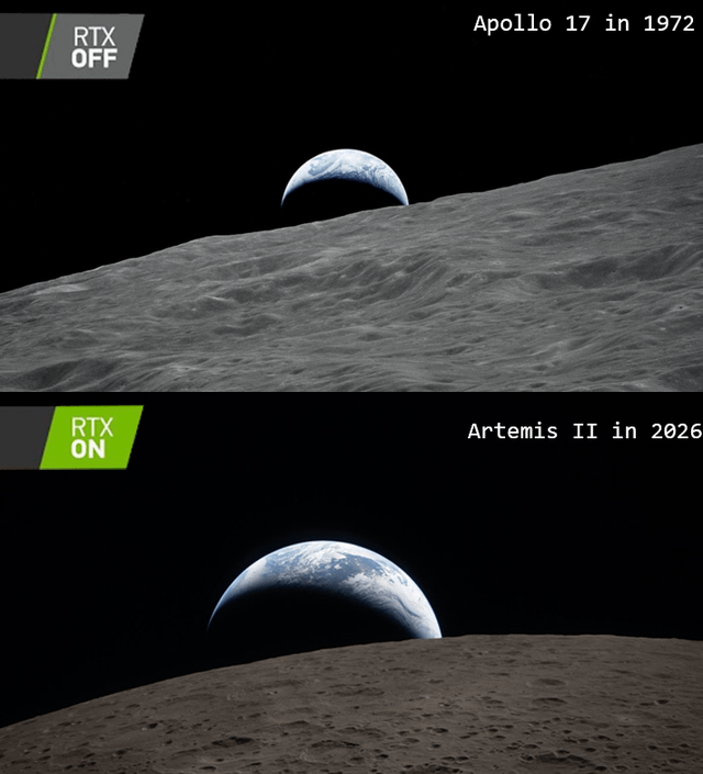 This is a two-panel comparison meme that uses the popular 'RTX Off / RTX On' gaming graphics meme format to joke about the massive improvement in imaging quality between the 1972 Apollo 17 lunar mission and the upcoming 2026 Artemis II lunar mission. The top panel, labeled 'RTX OFF', shows a lower-detail view of Earth rising over the Moon's surface from the Apollo 17 mission, while the bottom panel labeled 'RTX ON' shows a much higher-detail, sharper, more vibrant modern render of the same view for Artemis II, mirroring how NVIDIA RTX ray tracing drastically improves graphics quality in video games.
