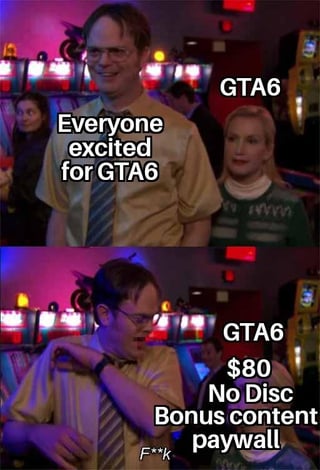 This is a two-panel reaction meme using a clip from the US TV series *The Office*. The first panel shows the character Dwight Schrute smiling happily, with overlaid text reading 'Everyone excited for GTA6' next to him, and 'GTA6' labeled next to background character Angela, representing widespread initial excitement for the upcoming Grand Theft Auto 6 video game. The second panel shows Dwight making a frustrated, dismissive gesture, with text next to the GTA6 label listing unpopular release details: a $80 price tag, no physical disc version, and bonus content locked behind a paywall. Dwight is shown saying 'F**k' in this panel, expressing common gamer disappointment and anger over these anti-consumer release choices for the highly anticipated game.