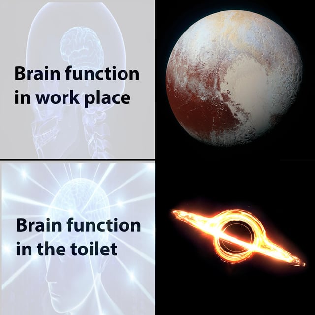 A 2x2 grid meme comparing brain function in two environments. The top-left panel displays the text 'Brain function in work place' alongside a faint, dimly lit brain illustration on a light background, suggesting low mental activity. The top-right panel features a dull, grayish planet (resembling Pluto, known for being demoted, symbolizing underperformance). The bottom-left panel shows the text 'Brain function in the toilet' with a bright, glowing brain emitting radiating white light, indicating heightened mental clarity. The bottom-right panel depicts a vibrant, fiery portal/black hole with an orange glowing ring and light streaks, representing enhanced creativity or focus. The meme humorously contrasts reduced brain function in the workplace versus increased mental sharpness in the toilet.
