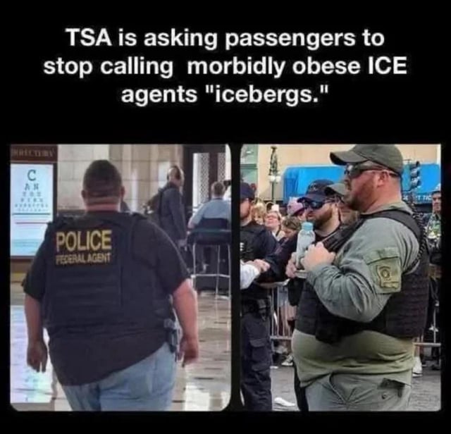 This is a two-panel satirical meme. The top text across the image reads: 'TSA is asking passengers to stop calling morbidly obese ICE agents "icebergs."' The left panel shows the back of a heavily overweight male federal police agent wearing a tactical vest marked 'POLICE FEDERAL AGENT' and jeans, walking through what appears to be an airport or public transit facility. The right panel shows another heavily overweight male law enforcement agent, wearing a tactical vest, baseball cap, and sunglasses, holding a plastic water bottle while standing near a crowd behind a barrier with other officers. The core joke is a pun: 'ICE' is the acronym for U.S. Immigration and Customs Enforcement, and the nickname 'icebergs' plays on this acronym while mocking the agents' large body size, as icebergs are very large, heavy masses of ice.
