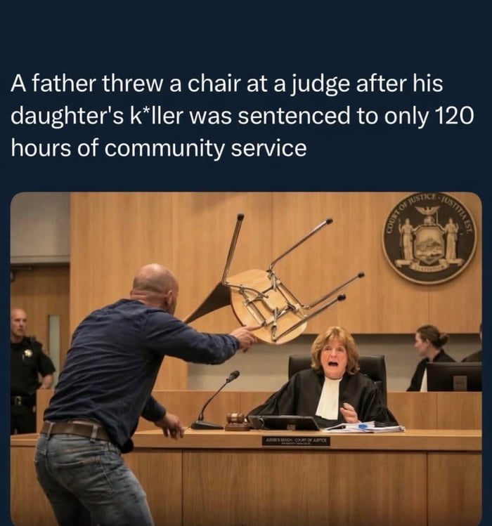 This viral meme features a real photograph from a US courtroom, where a grieving father throws an office chair toward the sitting judge after the man who killed his daughter was sentenced to only 120 hours of community service. The judge is shown with a shocked, open-mouthed reaction to the incoming chair, while a bailiff watches alertly from the background. Text at the top of the image explains the context of the incident, and the original post references the Hot Fuzz 'Shame' meme to express condemnation of the lenient sentence.
