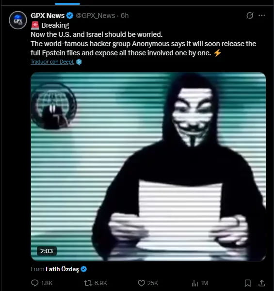 This meme is a screenshot of a Twitter/X post from the account GPX News, which claims that the hacktivist collective Anonymous will imminently release the full files related to Jeffrey Epstein. The post states that "the U.S. and Israel should be worried" and that Anonymous intends to expose all individuals involved with Epstein. Included in the post is a still image from a video of an Anonymous member wearing the iconic Guy Fawkes mask, holding a sheet of paper while facing the camera. The meme ties into the widely circulated conspiracy theory surrounding Jeffrey Epstein's 2019 death, referenced in the original 9Gag title "Epstein files didn't kill themselves"—a play on the viral phrase "Epstein didn't kill himself" that became a popular internet joke and conspiracy talking point.