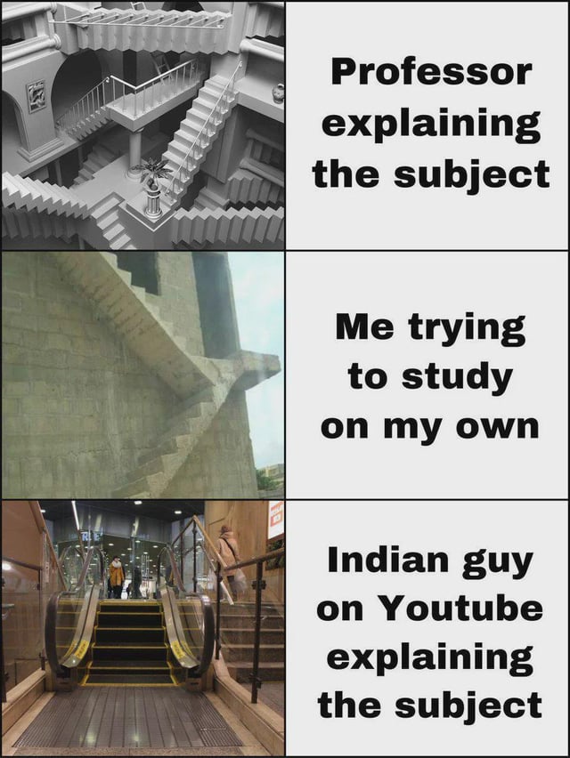 This is a 3-panel 2-column comparison meme. The first left panel shows an impossible, confusing Penrose staircase, paired with the right text 'Professor explaining the subject' to imply that a professor's in-class explanation of a subject is confusing and hard to follow. The second left panel shows an even more inaccessible, broken giant staircase extending up a foggy wall, paired with the text 'Me trying to study on my own' to convey that self-studying the same subject is even more difficult and disorienting. The third left panel shows clear, easy-to-use escalators and accessible stairs in a public space, paired with the text 'Indian guy on Youtube explaining the subject' to humorously state that free educational YouTube tutorials, most commonly made by Indian educators, make difficult subjects extremely simple and easy to understand for students, much better than both class lessons and self study.