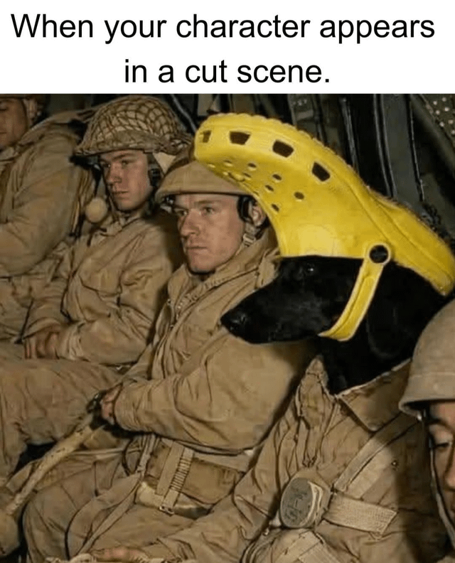 A meme image featuring soldiers in beige military uniforms sitting inside a vehicle, likely a military transport. One soldier in the foreground has a yellow Croc shoe humorously edited onto their head as a helmet, with a black dog resting its head on their shoulder. The top text reads 'When your character appears in a cut scene,' creating a comedic contrast between the serious military setting and the absurd, out-of-place Croc helmet, implying a player's character with a silly cosmetic item appearing in a dramatic game cut scene.