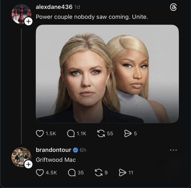 A screenshot of a Twitter/X post featuring an image of two blonde women with neutral expressions facing the camera. The original post by user 'alexdane436' has the caption 'Power couple nobody saw coming. Unite.' and shows engagement metrics of 1.5K likes, 1.1K comments, 55 retweets, and 5 shares. A comment from user 'brandonour' reads 'Griftwood Mac,' which is a pun on the band name 'Fleetwood Mac.'