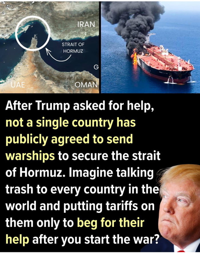 This is a satirical political meme presented as a three-part collage: 
1. **Top-left**: A labeled map of the Strait of Hormuz (circled, with adjacent countries Iran, UAE, Oman marked), highlighting the strategic maritime waterway.
2. **Top-right**: A photograph of a burning oil tanker, referencing real-world maritime conflicts in the region.
3. **Bottom**: A portrait of former US President Donald Trump paired with critical text that points out the irony of Trump being unable to secure international support for securing the Hormuz Strait, after previously antagonizing other nations with tariffs and insults.

The meme uses irony and satire to critique the consequences of Trump's foreign policy decisions.
