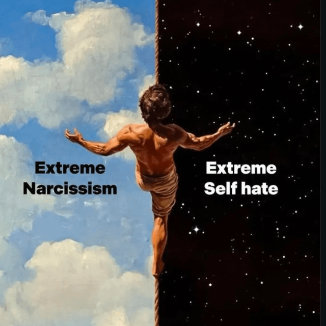 A split-image meme titled 'Two sides of a coin' featuring a muscular individual positioned centrally, straddling a vertical divide. The left side of the image has a bright blue sky with fluffy white clouds and the bold text 'Extreme Narcissism', while the right side shows a dark, starry night sky with the text 'Extreme Self hate'. The central figure, with outstretched arms and a neutral expression, appears to bridge both contrasting backgrounds, symbolizing the duality of extreme self-perception as opposing yet interconnected sides of the same coin.