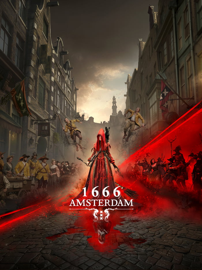 The image is official promotional key art for the video game *1666 Amsterdam*. It centers on a hooded female protagonist in a long red cloak, standing in the middle of a cobblestone 17th-century Amsterdam street. A black cat is perched on her shoulder, she holds a weapon in her right hand, and her left hand emits a powerful glowing red magical effect that throws opposing soldiers backward to her right, while civilian onlookers watch from the left side of the street. The text "1666 AMSTERDAM" is displayed prominently at the bottom of the artwork. The paired joke claims that game studio Ubisoft is extremely frustrated by this release, as the game's historical setting, hooded protagonist, and open-world action aesthetic are extremely similar to Ubisoft's signature *Assassin's Creed* franchise.