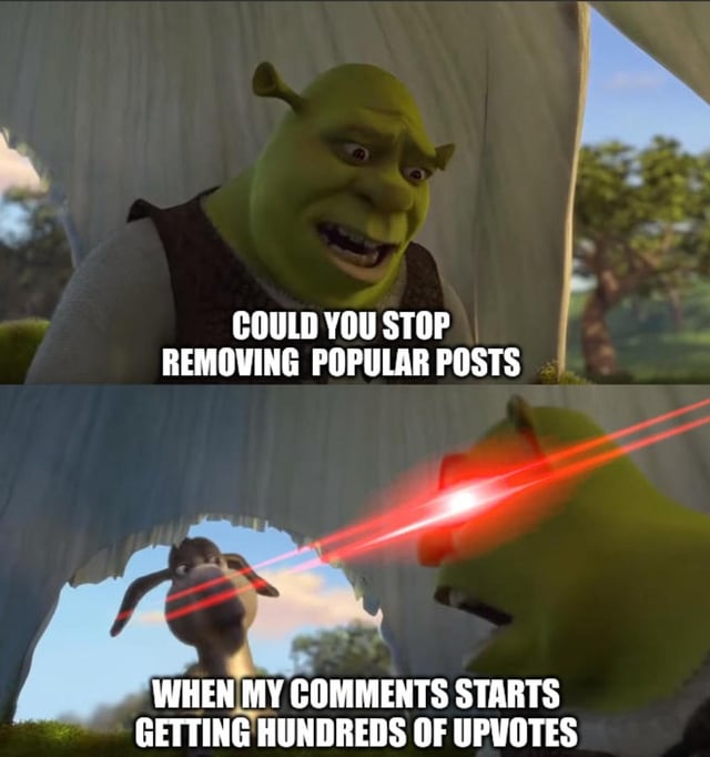 This is a two-panel edited meme using characters from the Shrek animated movie franchise. The top panel shows Shrek looking visibly frustrated, with overlaid white text asking "COULD YOU STOP REMOVING POPULAR POSTS". The bottom panel depicts Shrek shooting bright red laser beams from his eyes directed at Donkey, who stands looking startled, with accompanying text that reads "WHEN MY COMMENTS STARTS GETTING HUNDREDS OF UPVOTES". The joke conveys the common relatable frustration of social media (particularly Reddit) users when their popular, high-upvoted comments or posts are removed by platform moderators, using the over-the-top laser eye effect to exaggerate the level of anger users feel in this scenario.
