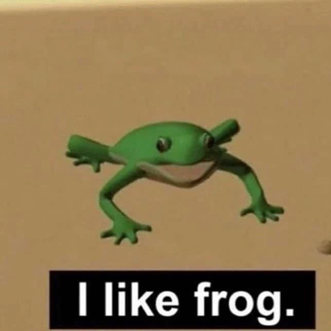 The meme displays a low-poly 3D rendered green frog with a neutral, blank facial expression, positioned with its four limbs splayed out against a plain, solid beige background. At the bottom of the image, a black rectangular banner contains white text that reads 'I like frog.' The humor is intentionally uncomplicated and deadpan, relying on the simple, uncontextualized statement of fondness for frogs paired with the silly, unexpressive 3D frog model.