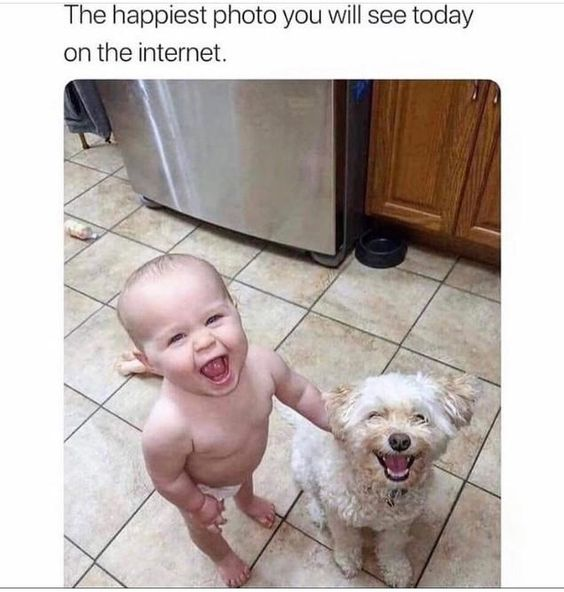 A heartwarming photograph of a young baby and a small white dog standing on a tiled kitchen floor, both laughing joyfully. The baby, wearing only a diaper, has a wide open-mouthed smile, while the dog sits beside them with a similarly happy expression. Above the image is the text: 'The happiest photo you will see today on the internet.'