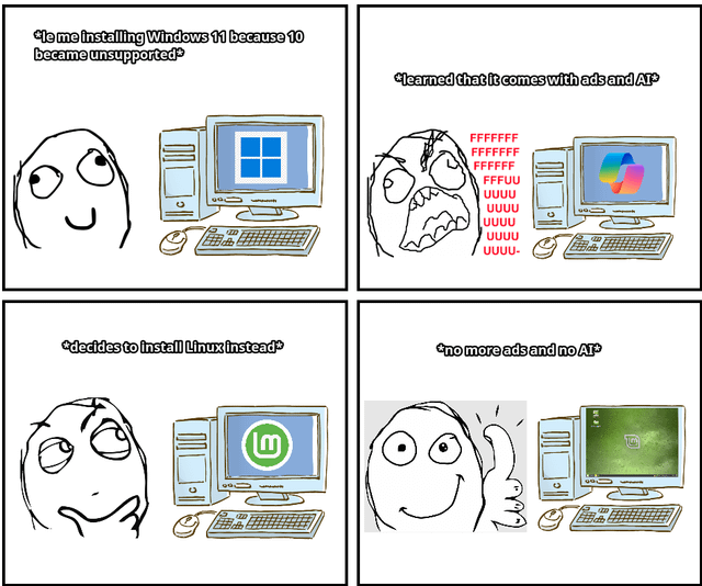 A four-panel rage comic depicting a character's decision to switch operating systems. Panel 1: Character happily installs Windows 11, with text '*is me installing Windows 11 because 10 became unsupported*'. Panel 2: Character reacts angrily, with text '*learned that it comes with ads and AI*' and 'FFFFF' indicating frustration, alongside a Windows 11 logo on the monitor. Panel 3: Character thoughtfully decides to install Linux, text '*decides to install Linux instead*', with a Linux Mint logo on the monitor. Panel 4: Character gives a thumbs up, looking satisfied, text '*no more ads and no AI*', with a Linux desktop on the monitor. The comic uses typical rage comic art style with simple, exaggerated facial expressions and minimal backgrounds.