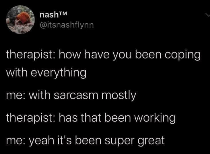 This is a screenshot of a text tweet from X (formerly Twitter) user @itsnashflynn, featuring a short, humorous relatable exchange about mental health coping. The dialogue is presented as a conversation between a therapist and the tweet author: the therapist first asks how the author has been coping with life stressors, the author responds they primarily use sarcasm. When the therapist follows up to ask if this coping method is effective, the author replies 'yeah it's been super great', with the line delivered sarcastically, implying that sarcasm is not actually helping and is just a defense mechanism to avoid confronting real issues, forming the joke's self-deprecating punchline. The user's profile picture shows a red panda curled up on the ground, which complements the tired, burnt-out tone of the joke.