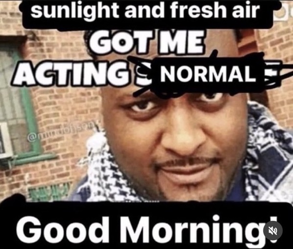 The meme features a close-up selfie of a Black man with a deadpan, slightly unsettling wide-eyed stare directed at the camera, standing in front of an outdoor brick building background. Overlaid text at the top reads 'sunlight and fresh air GOT ME ACTING NORMAL', with the word 'NORMAL' scribbled out in black marker. Text at the bottom reads 'Good Morning!'. The humor comes from the subversion of common self-care advice: while sunlight and fresh air are supposed to make people feel calm and normal, the subject's unhinged expression and the crossed out 'normal' text imply that the self-care step had no effect, and the person still feels far from normal, making it a relatable joke for people who struggle with mood or energy even after following basic wellness tips.