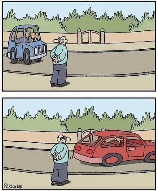 A two-panel comic strip depicting an elderly man with glasses standing on a road with his hands clasped behind his back. In the first panel, a blue car approaches him from the left. In the second panel, a red car has passed him and is driving away to the right, with its rear door open and a person visible inside. The background features green bushes and a clear sky, with a low fence separating the road from the vegetation. The watermark 'PERSCHEID' is located in the bottom left corner of the second panel.