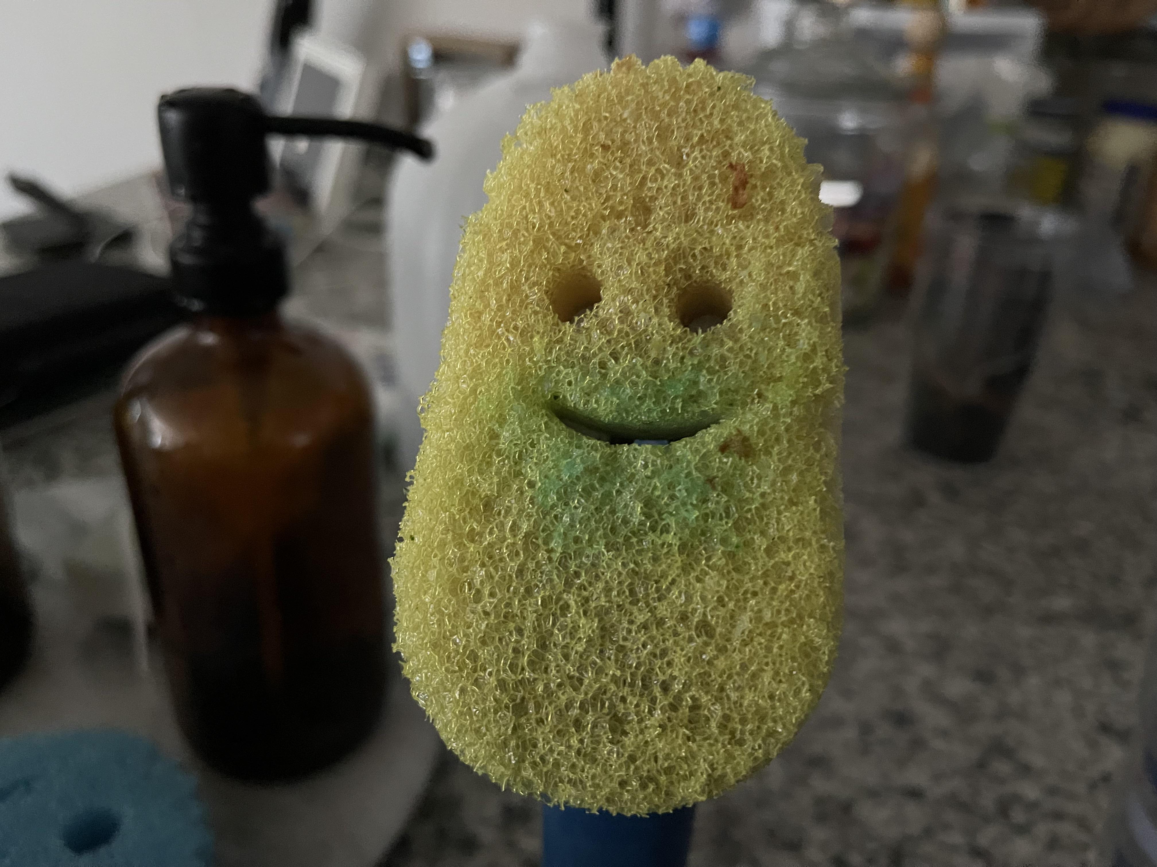 A close-up photograph of a yellow kitchen sponge positioned on a kitchen countertop. The sponge has a face-like appearance, featuring two circular eye holes and a curved mouth, creating a smiley expression. Notably, the lower portion and around the mouth area of the sponge display greenish discoloration, likely from mold or accumulated food residue, which contrasts with the intended cheerful face, giving it an unhygienic or sad appearance. The background includes out-of-focus kitchen items: a brown glass bottle with a black pump (possibly soap or cooking oil), a white container, and other miscellaneous objects, indicating a typical household kitchen setting.