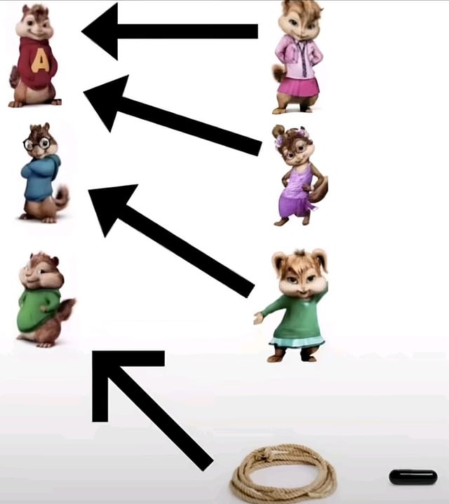 This meme illustrates the concept of hypergamy, the idea that people pursue romantic partners of higher social status than themselves, using characters from the Alvin and the Chipmunks franchise. On the left are the three male Chipmunks ordered from highest status at top (Alvin, in the red hoodie with an A) to lowest at bottom (Theodore, in the green hoodie). On the right are the three female Chipettes ordered from highest status at top (Brittany, in pink) to lowest at bottom (Eleanor, in green). Arrows indicate which male each female chooses: the top two females both choose the highest status male, the third female chooses the second highest status male, and the final arrow points from the lowest position to a coiled noose and a black pill, making a dark edgy joke that low status men are left with no romantic options, only suicide or accepting the 'black pill' (incel slang for the belief that dating is hopeless for unattractive men).