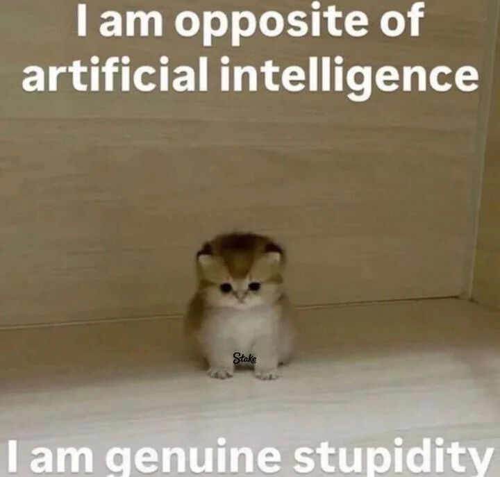 This is a silly wholesome meme featuring a small, fluffy kitten sitting in the corner of a plain wooden room. Large white text at the top reads 'I am opposite of artificial intelligence', and text at the bottom finishes the joke: 'I am genuine stupidity'. The joke uses antonym wordplay: 'artificial' is opposite to 'genuine', and 'intelligence' is opposite to 'stupidity', creating a funny self-deprecating joke paired with an adorable picture of a cat, leaning into the classic wholesome meme vibe.