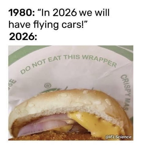 This sarcastic meme contrasts mid-20th century optimistic futuristic predictions with modern reality: people in 1980 predicted that by 2026, humanity would have achieved advanced flying car technology. Instead, the reality of 2026 is that fast food restaurants need to print an explicit warning directly on burger packaging telling customers *not to eat the paper wrapper*, because enough people lack basic common sense to require this instruction. The image shows a close-up of a fast food burger still in its packaging, with the warning 'DO NOT EAT THIS WRAPPER' clearly printed on the wrapper.