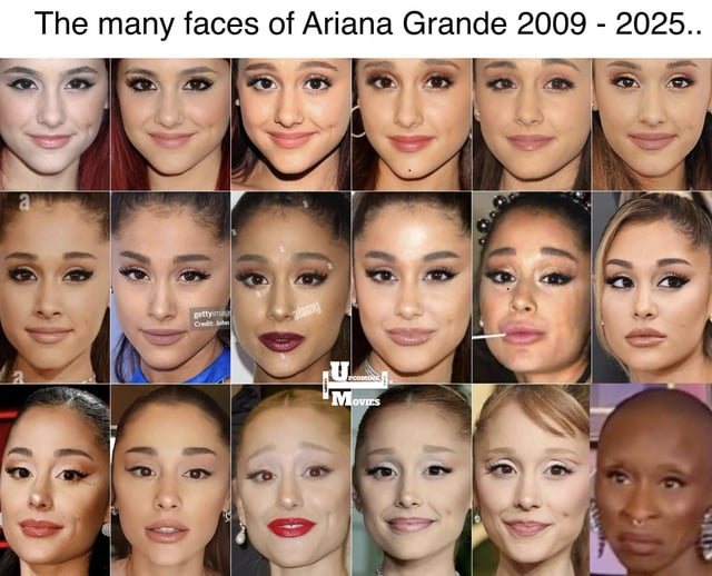 A collage image displaying approximately 18 portraits of Ariana Grande arranged in a 3x6 grid, purporting to show her appearance changes from 2009 to 2025. Most images reflect her real-life evolving looks, including hairstyle variations (ponytails, different lengths, bangs), makeup styles (varying lip colors from nude to red, winged eyeliner, smoky eyes), and facial expressions (smiling, neutral, serious). However, the final image in the bottom-right corner appears to be a misleading or AI-generated portrait with a significantly different facial structure, skin tone, and features, suggesting an unrealistic or fabricated future appearance.
