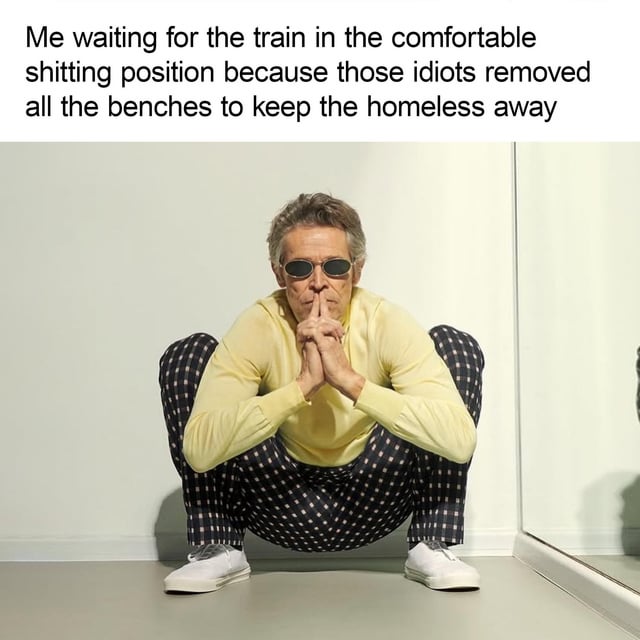 The meme features a viral photograph of actor Willem Dafoe squatting low in a relaxed pose, paired with a top text caption. The text jokes that the pose is the narrator waiting for a train in a 'comfortable shitting position' because public transit authorities removed all station benches to deter homeless people from occupying the space. The meme mocks hostile architecture policies that end up inconveniencing regular commuters far more than the intended target group of unhoused people.