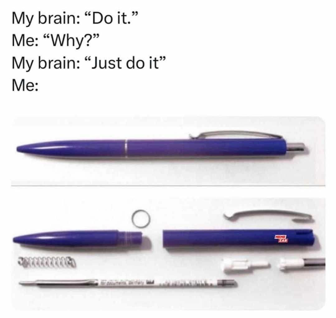 The meme features a text dialogue at the top between 'My brain' and 'Me'. The brain urges with 'Do it.' and 'Just do it', while 'Me' responds with 'Why?' and leaves the final line empty. Below the text, there are two images: the top shows an intact blue pen, and the bottom shows the same pen disassembled into components including the barrel, spring, ink cartridge, clip, and small plastic parts. The humor lies in 'Me' physically taking apart the pen instead of following the brain's simple instruction, illustrating overthinking or compulsive curiosity.