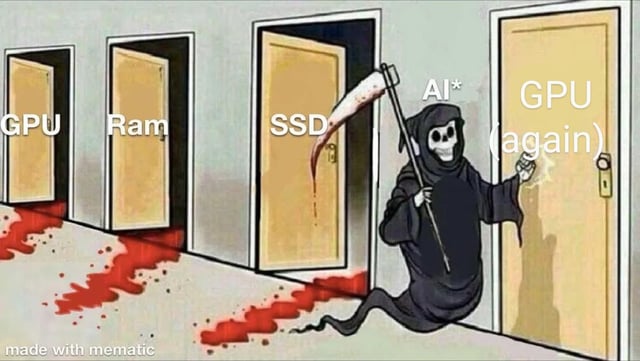 The meme depicts a hallway with four sequential doors labeled 'GPU', 'Ram', 'SSD', and 'GPU (again)'. A Grim Reaper-like figure labeled 'AI*' stands in front of the final 'GPU (again)' door, holding a blood-stained scythe. Blood trails extend from the first three doors (GPU, Ram, SSD) to the Grim Reaper, implying AI has 'consumed' or caused price surges for these components and is now targeting GPU prices again. The watermark 'made with mematic' is visible at the bottom. The image satirizes the trend of rising hardware prices, particularly GPUs, driven by AI demand, with the repetition of 'GPU' highlighting recurring price issues, and the phrase 'AMD followed' (from the original title) suggesting AMD is mirroring NVIDIA's price hikes.