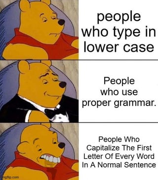 This is a 3-panel vertical reaction meme using the popular Tuxedo Winnie the Pooh format. The first panel shows regular, casual Winnie the Pooh with a neutral expression, labeled to refer to people who type entirely in lowercase. The second panel shows a smug, fancy Winnie the Pooh wearing a tuxedo, labeled to refer to people who use standard proper grammar and capitalization. The third panel shows Winnie the Pooh making an exaggerated disgusted, cringing face, labeled to refer to people who capitalize the first letter of every single word in a normal, non-title sentence. The joke conveys that the third typing style is perceived as strange, awkward, or unpleasant by many people online.