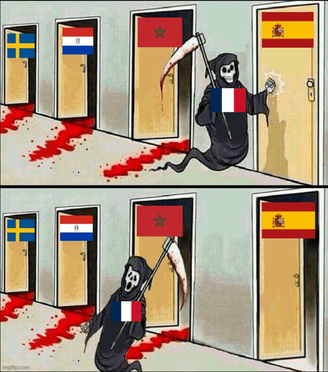 This two-panel comic meme jokes about the projected performance of the French national football team in the 2026 FIFA World Cup. In the first panel, the Grim Reaper representing France (marked with a French flag on his chest) knocks on a door marked with the Spanish national flag. Behind him, doors marked with the flags of Sweden, the Netherlands, and Morocco are open with blood trails leading out, implying France easily eliminated all three teams from the tournament earlier. In the second panel, the door marked with the Spanish flag is open, and the Grim Reaper is running away in visible shock and terror, implying the Spanish team unexpectedly defeated France to end their 2026 World Cup run.