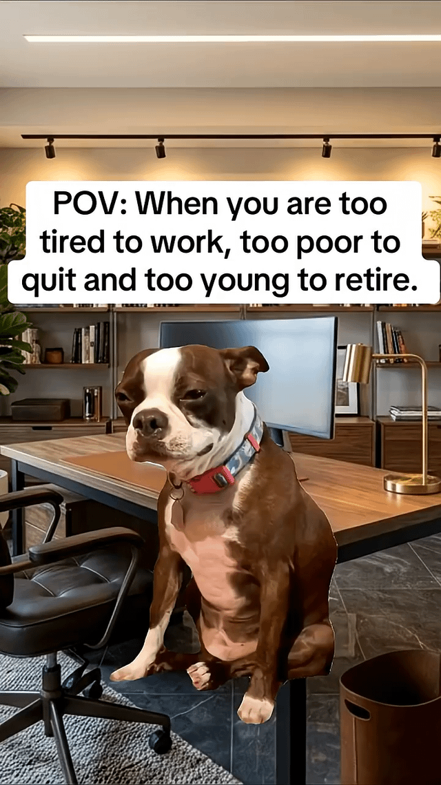 The meme features a brown and white pit bull-type dog sitting slouched at a modern office desk in front of a computer monitor, with an exhausted, fed up, half-lidded expression that mimics the look of a burnt out working adult. Overlaid text at the top reads "POV: When you are too tired to work, too poor to quit and too young to retire." The background shows a clean, contemporary office or home workspace with bookshelves, track lighting, an office chair, and common desk accessories. The joke humorously captures the extremely relatable frustration of working adults who are burnt out from their jobs but cannot leave their positions due to lack of savings, and are not old enough to retire yet.