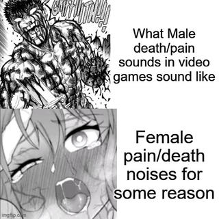 This two-panel black and white comparison meme jokes about a common trope in video game audio design. The top panel features a panel of Guts from the manga Berserk screaming in extreme, guttural agony, with text that reads 'What Male death/pain sounds in video games sound like'. The bottom panel shows an anime female character making an ahegao (exaggerated sexually aroused) face, paired with text that reads 'Female pain/death noises for some reason'. The core joke highlights the widespread criticism that female character pain and death sound effects in many video games are frequently inappropriately sexualized, sounding like erotic moans instead of genuine distress, which can lead to players being confused if they think they purchased an adult game instead of a standard video game, referencing the original title question.
