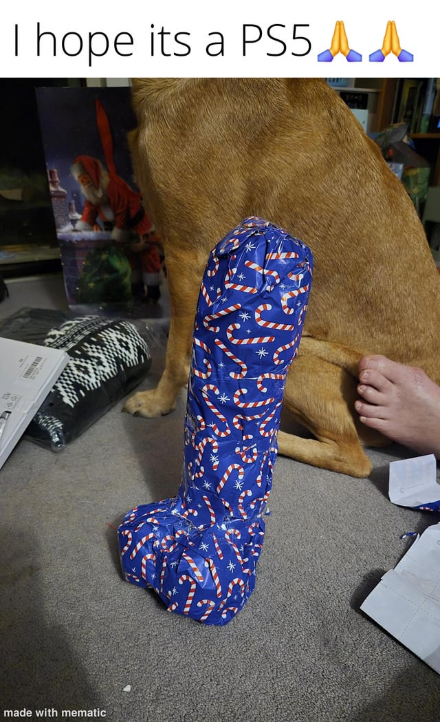 The image depicts a carpeted floor scene with a prominently placed blue gift wrapped in festive candy cane and snowflake-patterned paper, shaped as a tall, cylindrical object. Behind the gift, a brown dog is seated, facing away from the camera. To the left of the dog, there are additional items: a black and white patterned object, a white package, and a Santa Claus-themed Christmas poster leaning against the wall. A human foot is visible to the right of the dog, partially overlapping with the dog's hind leg. At the top of the image, text reads 'I hope its a PS5 🙏🙏', expressing the creator's wish that the wrapped gift is a PS5 gaming console. The bottom edge of the image contains the watermark 'made with mematic'.