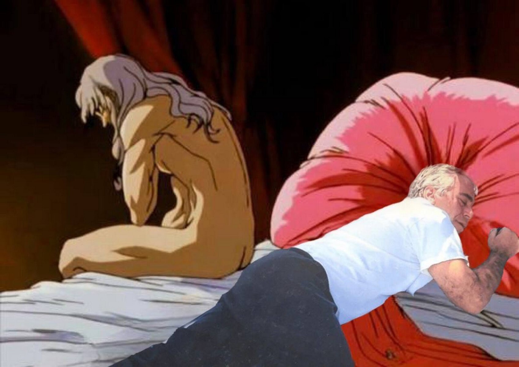 The image is a collage featuring two distinct elements: on the left, a nude animated female character with long, light-colored hair, sitting hunched on a bed with her knees drawn up, set against a dark background with red curtains. On the right, a real elderly man with white hair, wearing a white shirt and dark pants, sleeping peacefully on a large, round red pillow. The scene combines animated and real-life visuals, creating a surreal juxtaposition of fictional vulnerability and mundane rest.