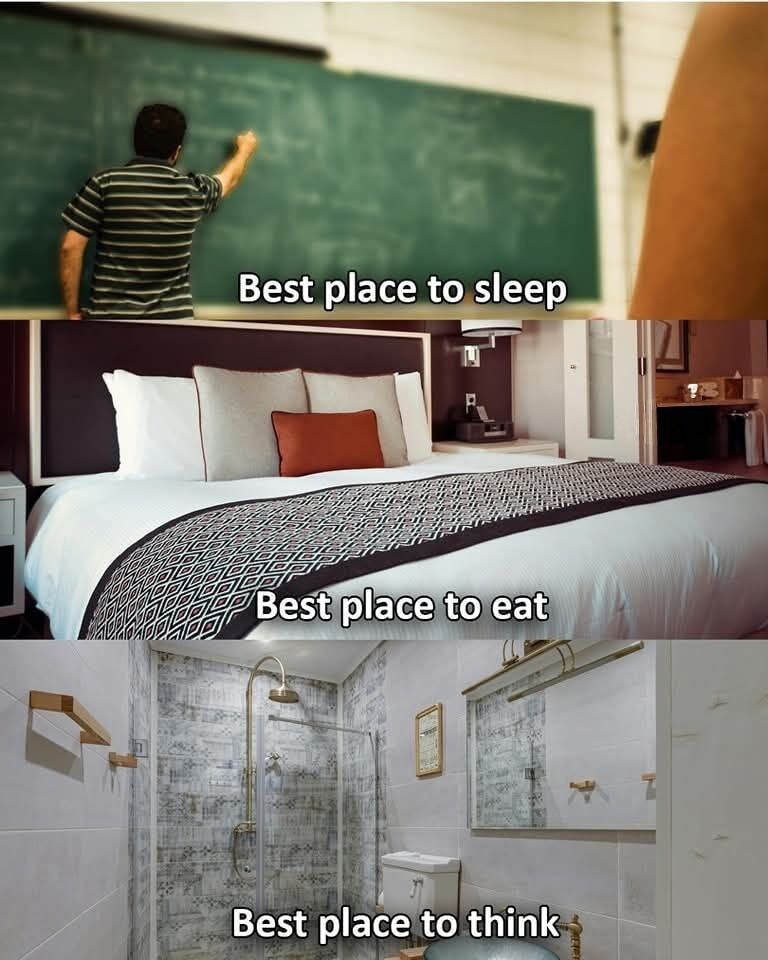 This is a 3-panel vertical relatable meme, with each panel pairing a common location with an unexpected activity that many people actually do in that space, subverting expectations. The first panel shows the back of a man in a striped t-shirt writing on a green classroom chalkboard, overlaid with the text 'Best place to sleep' referring to the common experience of falling asleep during boring school lectures. The second panel shows a plush, neatly made hotel bed with decorative pillows, captioned 'Best place to eat' referencing the popular habit of eating snacks or takeout meals in bed rather than at a table. The third panel shows a modern, clean tiled bathroom with a shower, captioned 'Best place to think' referencing the widespread relatable experience of having clear, focused thoughts while showering. The humor comes from the shared universal experience of using these spaces for activities they are not designed for.