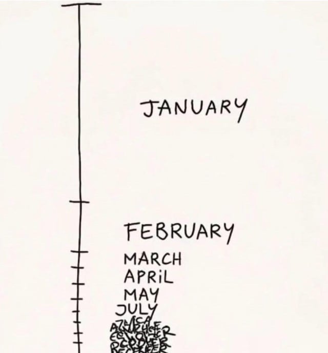 A simple hand-drawn style image featuring a vertical line on the left side. Along the line, the months of the year are labeled starting with 'JANUARY' at the top, followed by 'FEBRUARY', 'MARCH', 'APRIL', 'MAY', and 'JULY' in sequence. The remaining months (June, August, September, October, November, December) are scribbled over in a messy, unreadable manner, suggesting they are either forgotten or deemed less important.