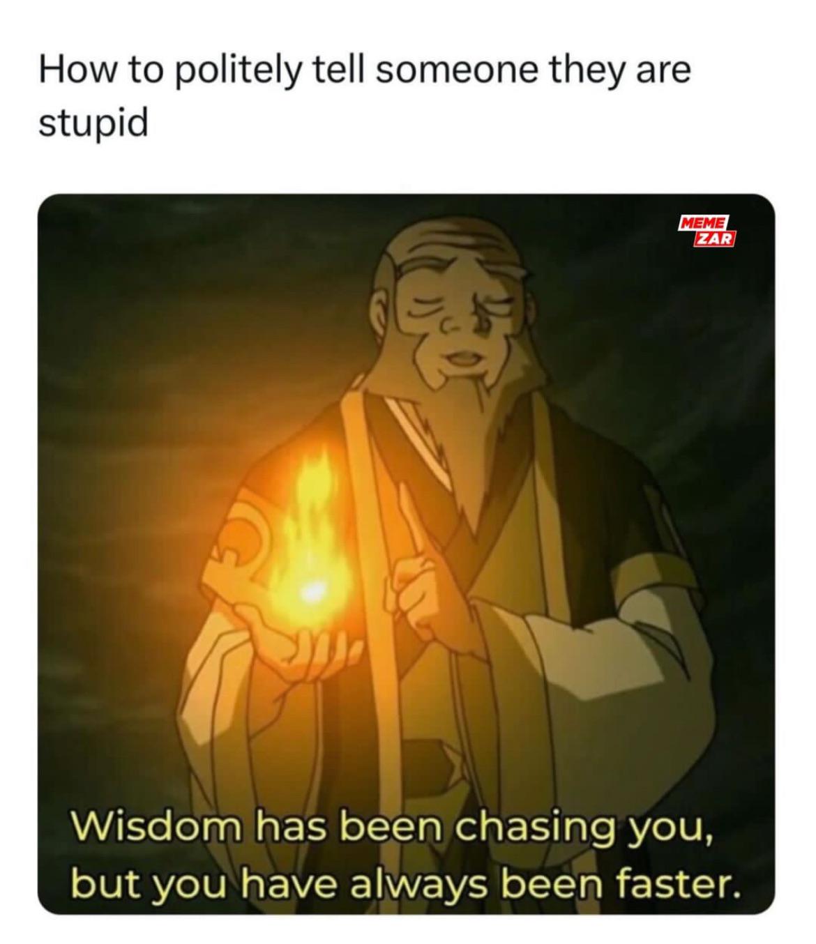 A meme featuring Iroh, a wise, bearded character from 'Avatar: The Last Airbender,' with a calm expression. He is shown holding a glowing orange flame in his left hand and pointing with his right index finger. The top text reads 'How to politely tell someone they are stupid,' and the bottom text overlay states 'Wisdom has been chasing you, but you have always been faster.' A 'MEME ZAR' watermark is present in the top right corner of the image. The character is animated, wearing traditional robes, and the background is dark with a warm light source highlighting him.