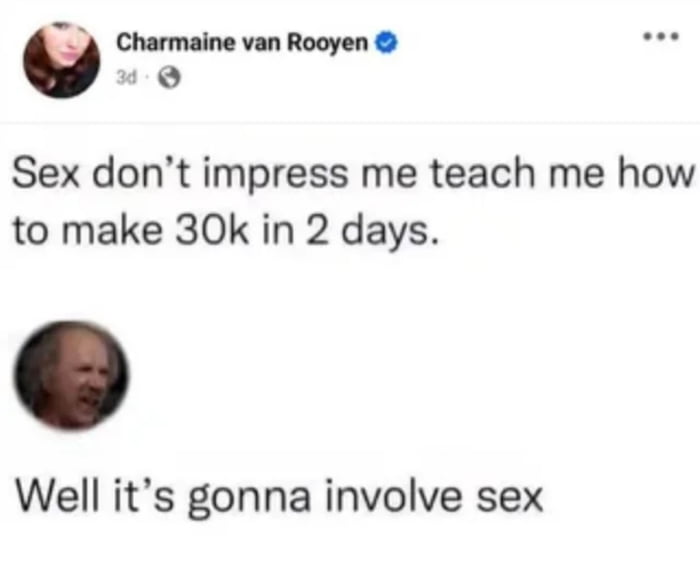 This is a two-panel social media meme featuring an ironic, adult-humored exchange. The top panel displays a post from verified user Charmaine van Rooyen that reads: "Sex don’t impress me teach me how to make 30k in 2 days." The bottom panel is a reply paired with a gruff-looking man's reaction image, with the text: "Well it’s gonna involve sex." The joke relies on a suggestive, double-meaning implication: the only realistic (or joked-about) way to earn that large sum of money in such a short time is through sex work, which subverts the original poster's dismissal of sex by tying it directly to their financial goal. The humor comes from the blunt, unfiltered reply that undercuts the user's ambition with a taboo, ironic solution.