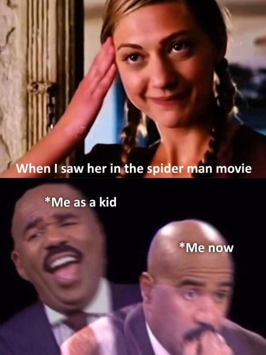 This is a three-panel collage meme. The top panel features actress Bryce Dallas Howard playing Gwen Stacy in the Spider-Man 3 film, saluting with a soft smile, overlaid with the text 'When I saw her in the spider man movie'. The bottom section has two reaction images of Steve Harvey: the left shows a younger Steve Harvey laughing openly and enthusiastically, labeled '*Me as a kid', and the right shows an older, bald Steve Harvey looking flustered, dazed, and holding his hand near his mouth, labeled '*Me now'. The joke conveys that the creator found the character attractive as a child, and finds her even more appealing as an adult to the point of being flustered.