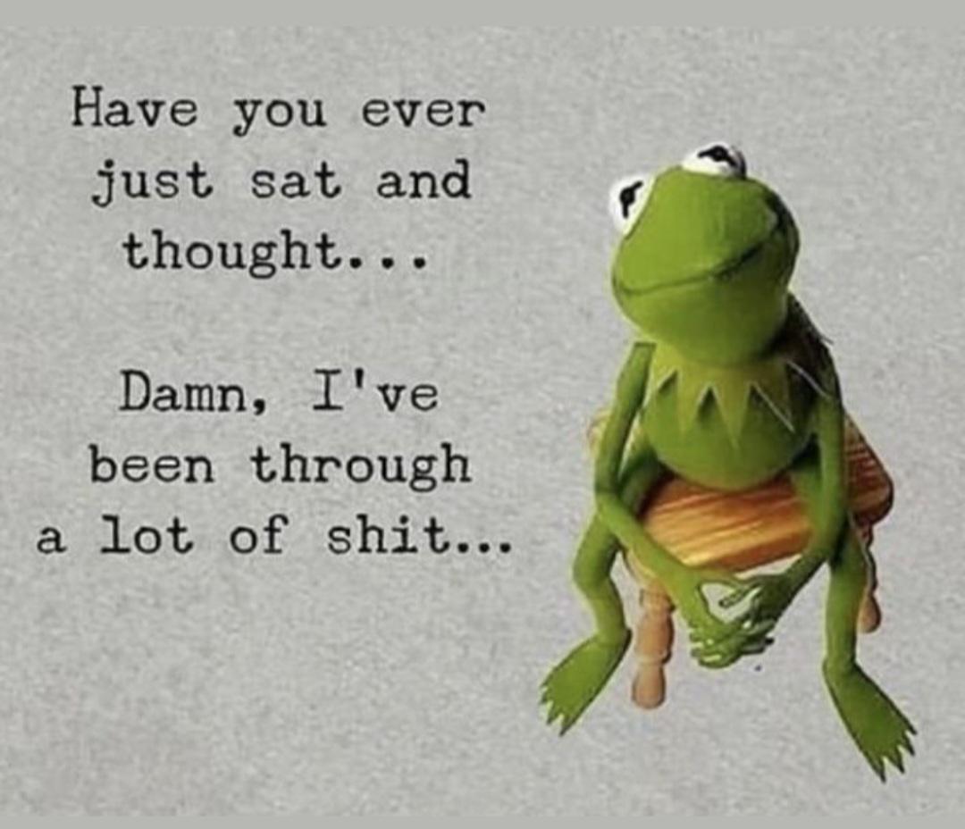 The image features Kermit the Frog, a green Muppet character, sitting on a small wooden stool against a plain gray background. Kermit has a contemplative expression with his hands clasped together, looking slightly upward. To the left of Kermit, there is black text that reads: 'Have you ever just sat and thought... Damn, I've been through a lot of shit...'. The combination of Kermit's pensive posture and the relatable, introspective text creates a meme that humorously captures moments of self-reflection and acknowledging life's hardships.