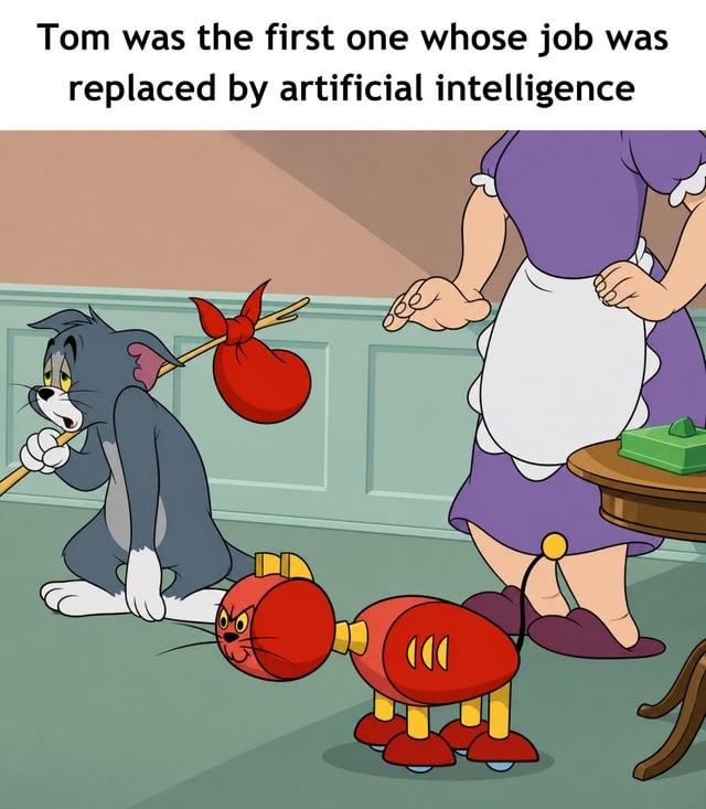This meme uses a scene from the classic American animated series *Tom and Jerry*. In the image, Tom the cat looks dejected and defeated, carrying a bindle (a small bundle of personal belongings on a stick) over his shoulder as if he is being fired and evicted from the house. His owner, the partially visible faceless woman in a purple dress and white apron, stands next to a red robotic cat built to catch mice, implying Tom is being replaced by this automated device. The caption above the image jokes that Tom was the first fictional character to have his job replaced by artificial intelligence, drawing a parallel between the decades-old cartoon scene and modern widespread concerns about AI displacing human workers across industries.