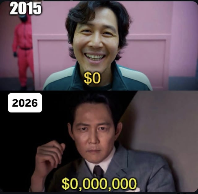A two-panel comparison meme contrasting the years 2015 and 2026. The top panel, labeled '2015', features a person wearing a green jacket with a cheerful smile, a yellow '$0' symbol positioned near their neck, and a background showing a figure in a red jumpsuit standing in a pink-walled room. The bottom panel, labeled '2026', depicts a person in a gray suit with a serious, neutral expression, a yellow '$0,000,000' symbol near their chest, set against a dark, plain background. The meme humorously highlights that despite the 11-year time gap, the monetary value remains effectively zero (since $0,000,000 is numerically equivalent to $0), creating a sarcastic commentary on financial stagnation or lack of meaningful progress over time.