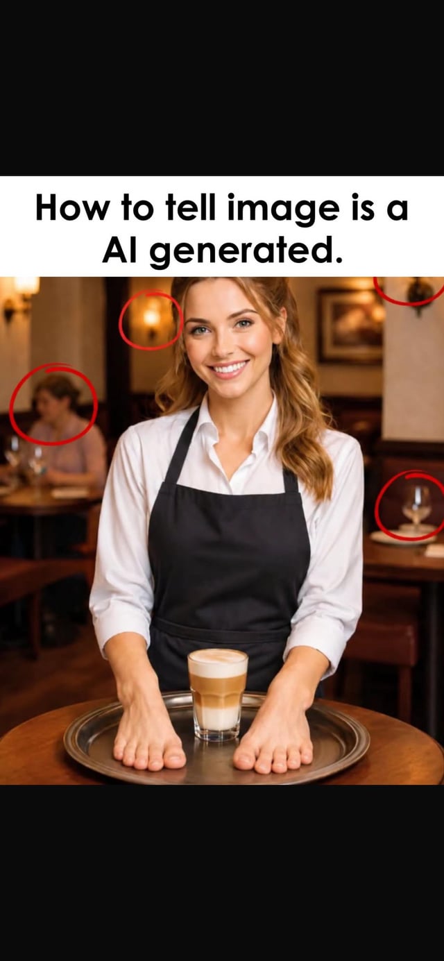 This is a humorous meme demonstrating common errors present in AI-generated images. The top of the image features the text 'How to tell image is a AI generated.'. The central visual depicts a smiling female waitress wearing a white shirt and black apron standing in a restaurant, holding a metal serving tray with a layered latte on it. The most striking and obvious AI flaw is that her hands, resting on the tray, are distorted to look identical to human feet complete with toes, a common generation error. Multiple red circles mark other less obvious AI artifacts in the background: a blurry distorted patron sitting at a table, a warped wall light fixture, a malformed wall decoration, and a distorted wine glass on a table to the right. The joke relies on the absurdity of the impossible hand-feet mutation as the most immediately noticeable sign the image was not created by a human photographer, highlighting the limitations of current AI image generation technology.