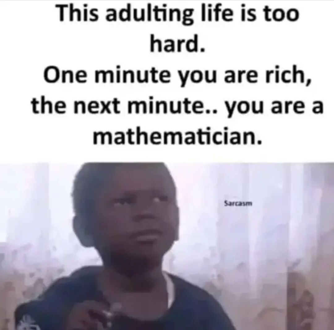 A meme composed of two sections: upper text and a lower image. The upper text states, 'This adulting life is too hard. One minute you are rich, the next minute.. you are a mathematician.' Below the text is a photograph of a real person with a sarcastic facial expression, accompanied by the word 'Sarcasm' positioned to their right. The humor derives from the pun that managing adult finances involves extensive mathematical calculations, humorously equating the stress of adulting to becoming a mathematician.