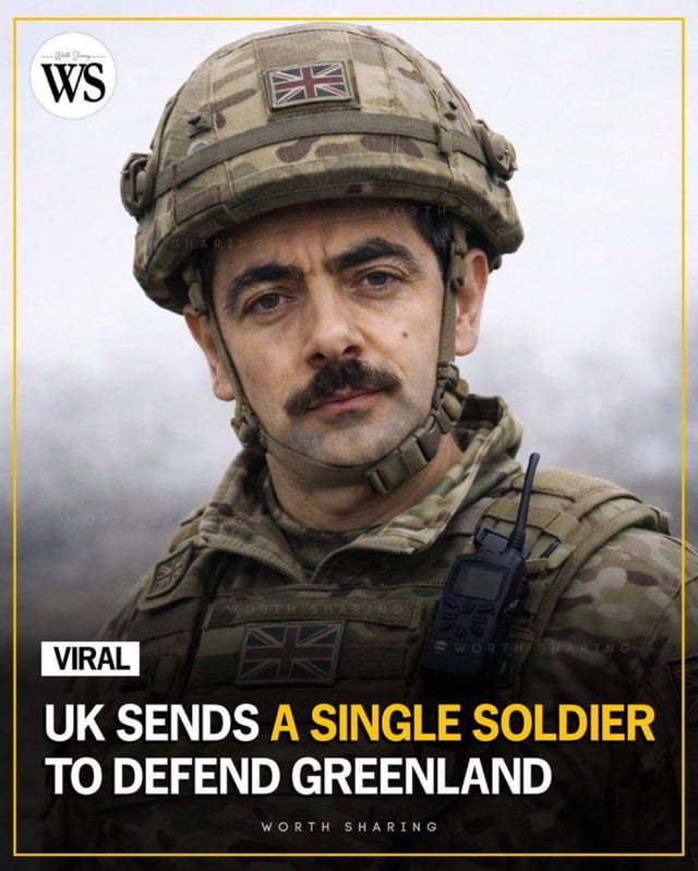 The image is a meme featuring a person in British military uniform, wearing a camouflage helmet with a UK flag patch and a matching uniform with a UK flag patch on the chest. The individual has a serious expression and is equipped with a radio. Overlaid text at the bottom reads 'UK SENDS A SINGLE SOLDIER TO DEFEND GREENLAND' in bold yellow and white letters. Watermarks include 'WS' in the top left corner, 'VIRAL' in the bottom left, and 'WORTH SHARING' at the bottom center. The meme humorously suggests the UK is sending only one soldier to defend Greenland, likely satirizing minimal military support or international defense commitments.