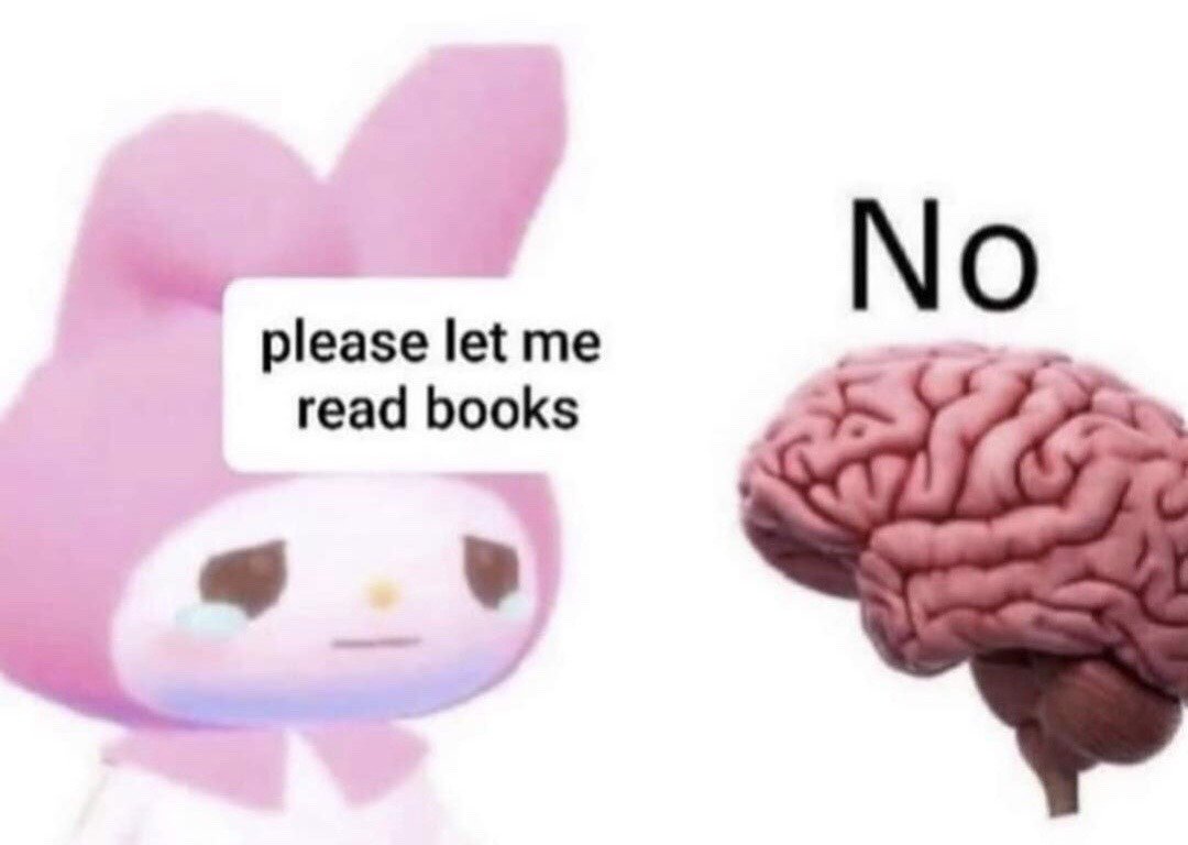 The meme features Sanrio character My Melody on the left side, looking teary and sad with a pleading expression, accompanied by a speech bubble that reads 'please let me read books'. To the right of My Melody is a realistic render of a human brain, with the single word 'No' printed directly above it. The joke is a relatable depiction of the common experience where an individual wants to engage in a positive, productive activity like reading, but their brain feels uncooperative, unmotivated, or unable to focus, which is often associated with executive dysfunction or mental fatigue.