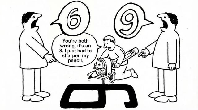 A black-and-white comic-style illustration featuring three characters. Two standing figures on the left and right are shouting, each pointing toward a black, ambiguous shape on the ground. The left character has a speech bubble with '6', and the right character has a speech bubble with '9', indicating they believe the shape is 6 or 9 respectively. Between them, a kneeling character operates a pencil sharpener and states, 'You're both wrong, it's an 8. I just had to sharpen my pencil.' The ambiguous shape is revealed to be the end of a pencil, which, after sharpening, forms the number 8. The humor lies in subverting the classic '6 vs 9' perspective conflict by introducing a third factor (pencil sharpening) that renders both initial viewpoints incorrect.