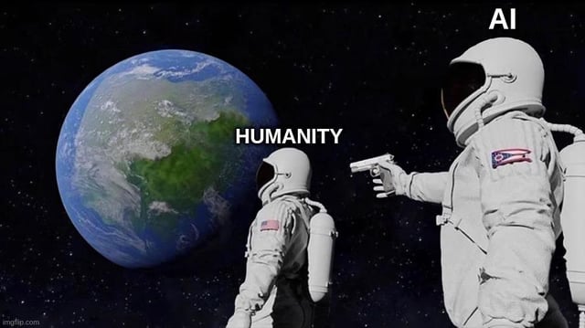 The image depicts two astronauts in outer space. One astronaut, labeled 'HUMANITY,' stands facing a large, detailed view of Earth with a contemplative posture. The other astronaut, labeled 'AI,' stands to the right, pointing a gun directly at 'HUMANITY.' The background features a starry space environment, emphasizing the isolation and high-stakes tension between the two figures. This visual metaphor critiques the potential threat of AI to humanity, referencing common sci-fi tropes of artificial intelligence turning against humans.