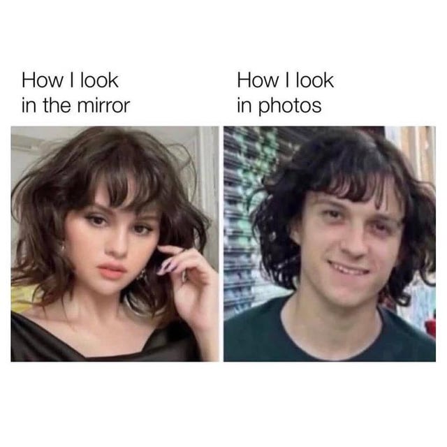 A two-panel meme comparing self-perception in the mirror versus in photos. The left panel, labeled 'How I look in the mirror,' shows a person with styled, neat hair posing confidently with one hand touching their hair. The right panel, labeled 'How I look in photos,' shows another person with messy, unkempt hair smiling awkwardly, humorously highlighting the common discrepancy between self-image in mirrors and candid photos.