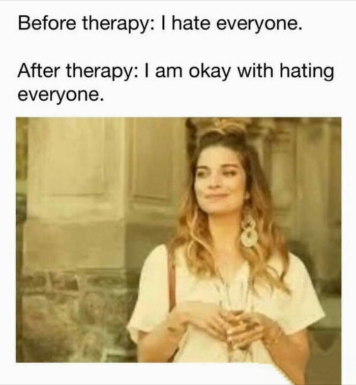A meme featuring two lines of text overlaid on an image of a real woman. The top text reads 'Before therapy: I hate everyone.' and the bottom text reads 'After therapy: I am okay with hating everyone.' The woman in the image has long, wavy hair, is wearing a light-colored top, and is standing in front of a stone structure with a neutral to slightly smiling expression, hands clasped together. The humor lies in the sarcastic contrast between the 'before' and 'after' therapy statements, suggesting therapy led to acceptance of the initial feeling rather than changing it.