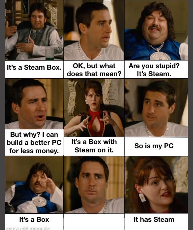 A 3x3 panel meme collage featuring characters from the TV show 'Arrested Development' engaged in a humorous debate about the 'Steam Box.' The dialogue humorously critiques the product by highlighting its redundancy: one character introduces it as 'a Steam Box,' another questions its purpose, and others argue it's merely 'a Box with Steam on it'—pointing out that a PC can perform the same function for less money. Characters display varied expressions including confusion, frustration, and dismissiveness, enhancing the comedic tone of the exchange.
